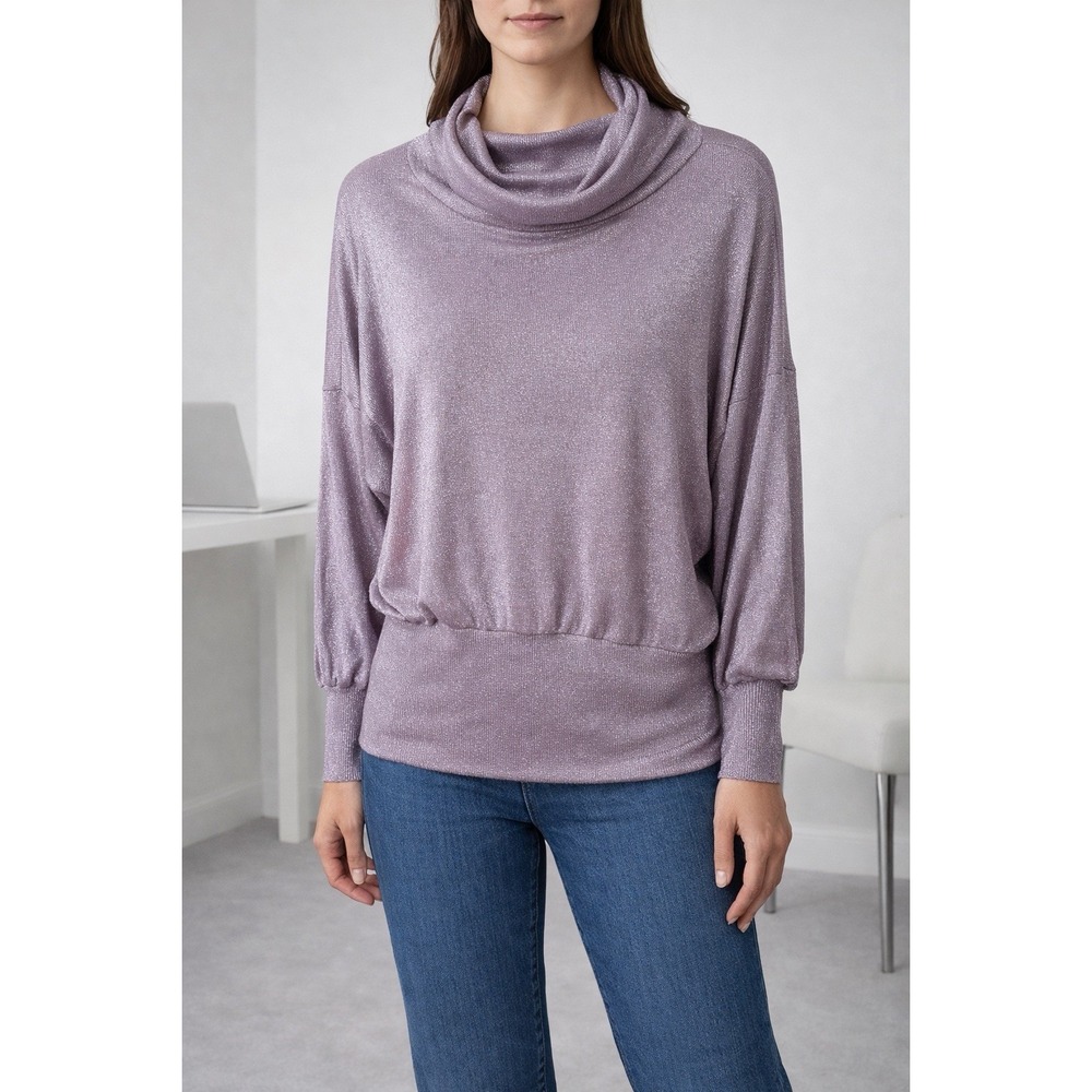 Free People Metallic Cowl Neck Sweater Top Purple Boho Shimmer Oversized Large
